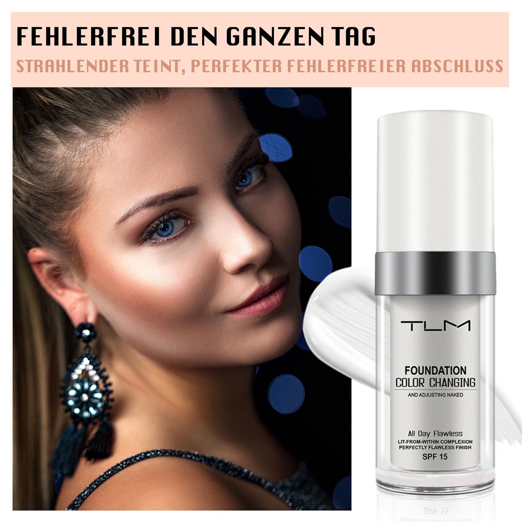 TLM Foundation Color Changing. Flacone. SPF 15. Donna truccata.