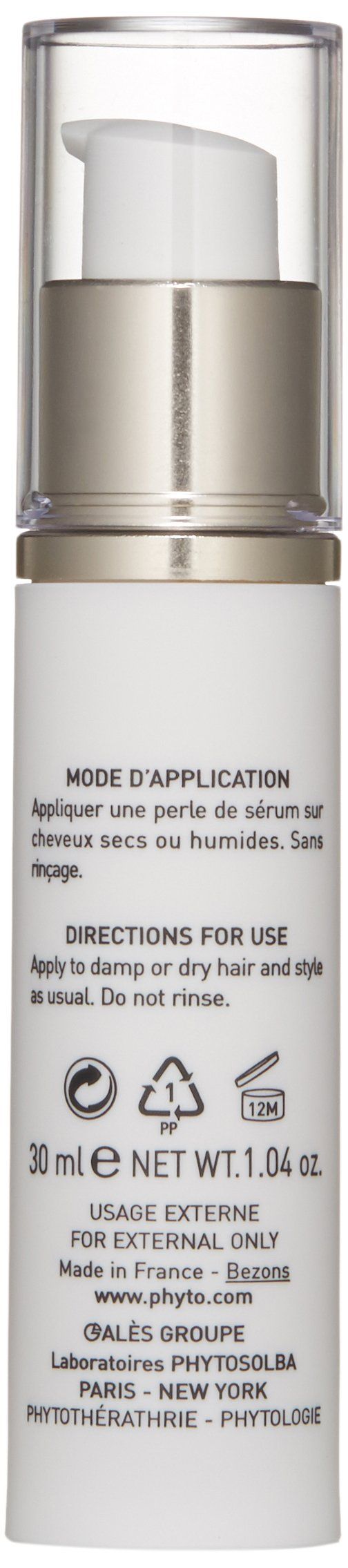 Flacone di prodotto con dosatore. Scritte: 30 ml, 1.04 oz. Istruzioni per l'uso in francese e inglese.