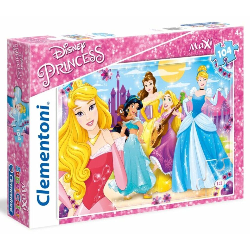 Scatola puzzle Disney Princess. 104 pezzi, 62x42cm. Logo Clementoni. Puzzle Supercolor.
