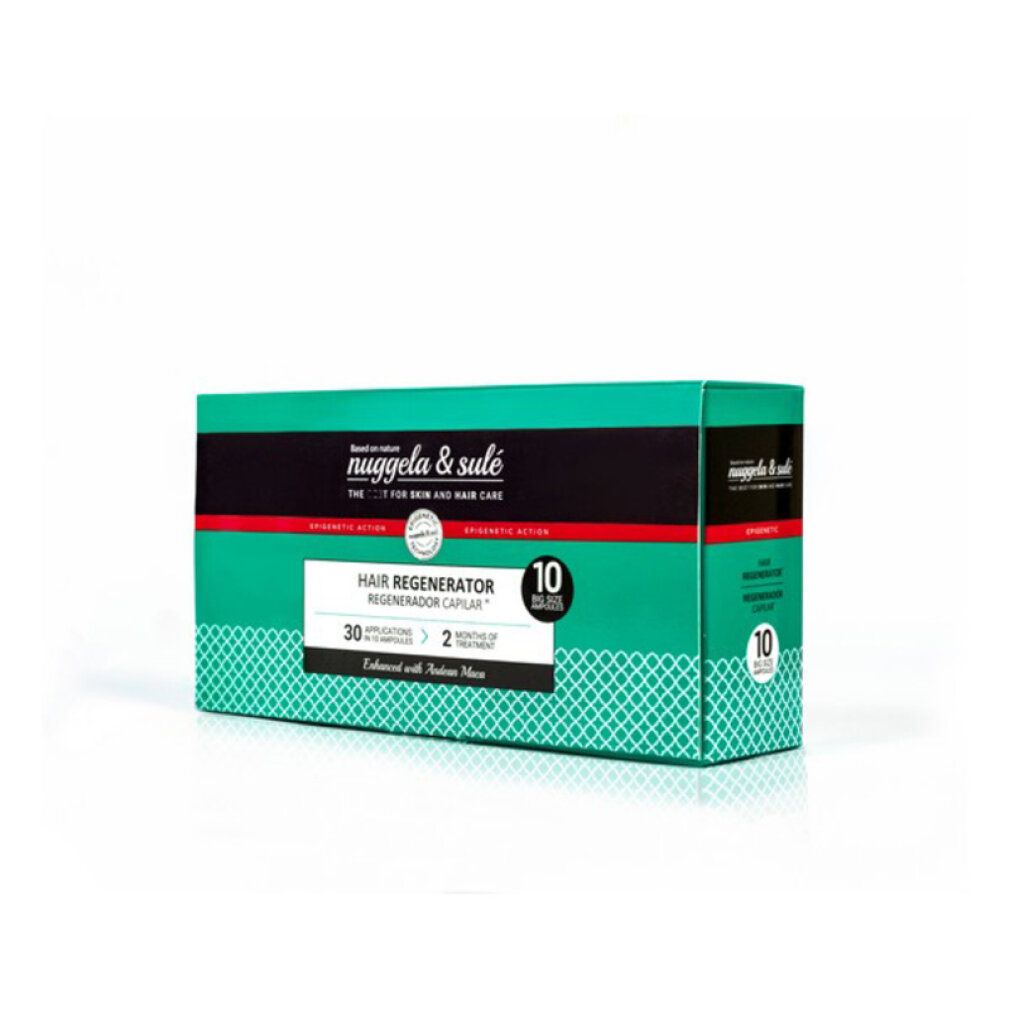 Scatola verde con nome del prodotto e testo. Contiene 10 fiale. Testo: Rigeneratore per capelli. 30 applicazioni. 2 mesi.