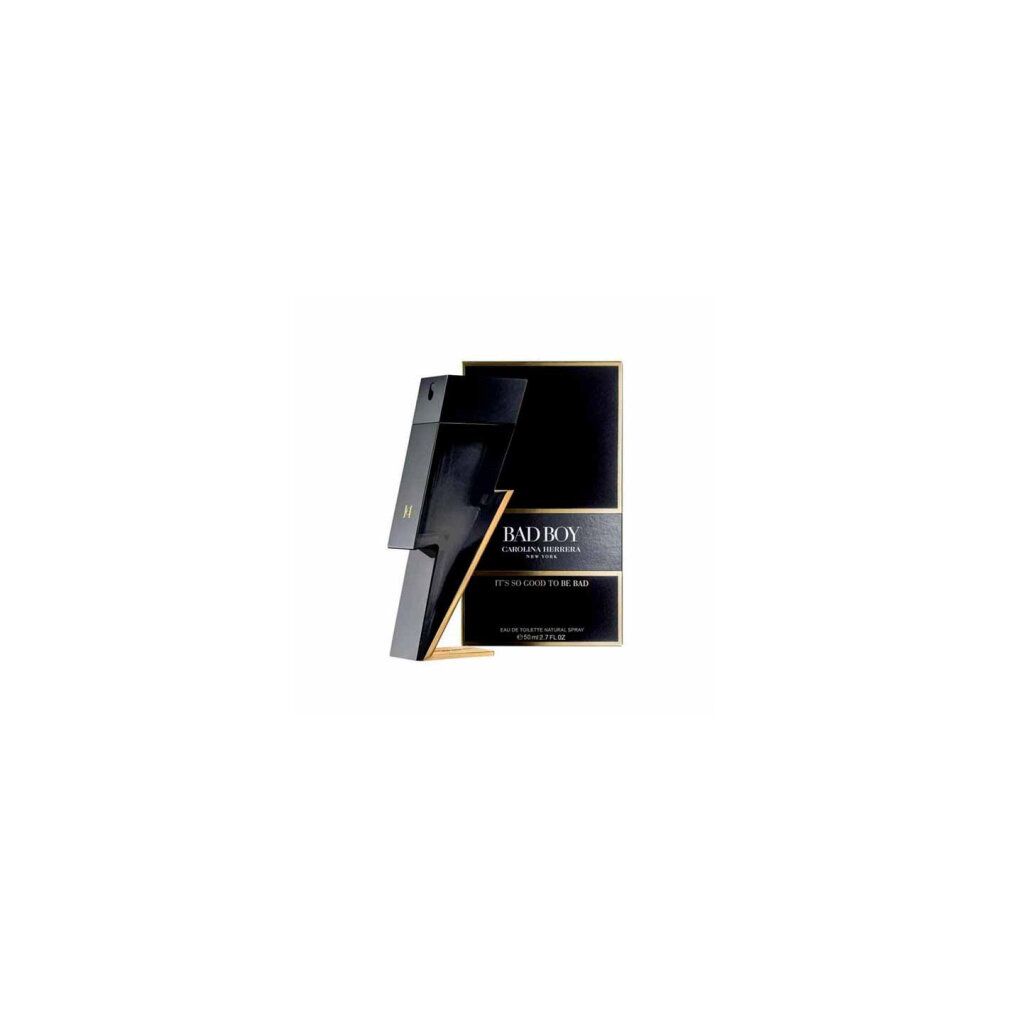 Flacone e confezione. Flacone nero a forma di fulmine. Testo: 'BAD BOY'.