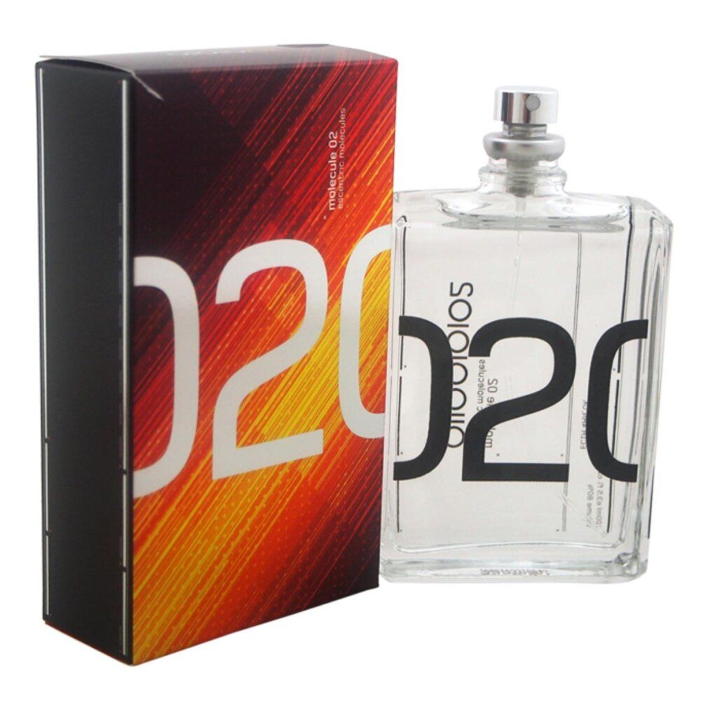 Flacone e confezione. Flacone: trasparente, tappo argentato. Confezione: nero-arancione, scritta: D20, molecule 02.