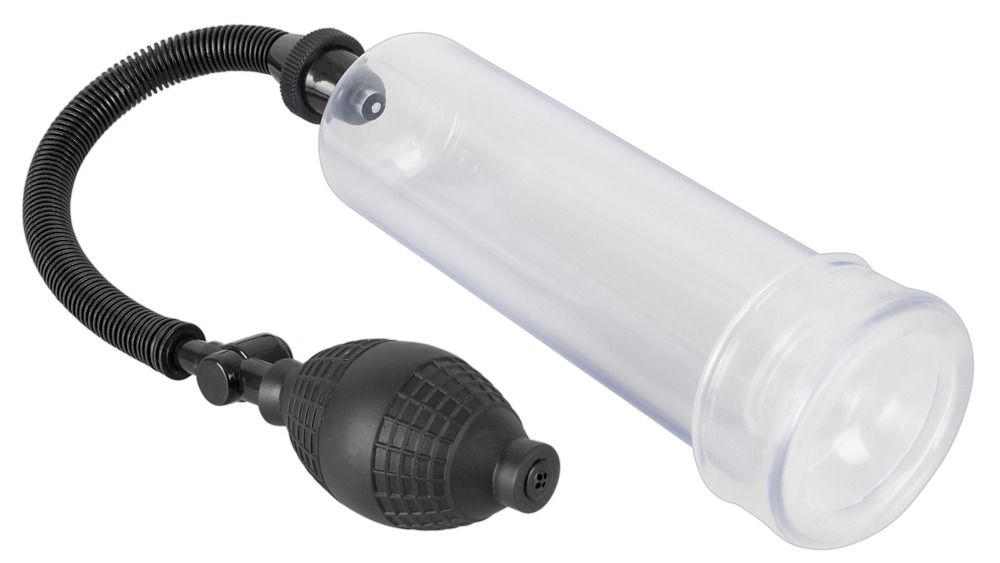 Cilindro trasparente con tubo e pompa neri. La pompa è a forma di pera. Il cilindro è leggermente inclinato.