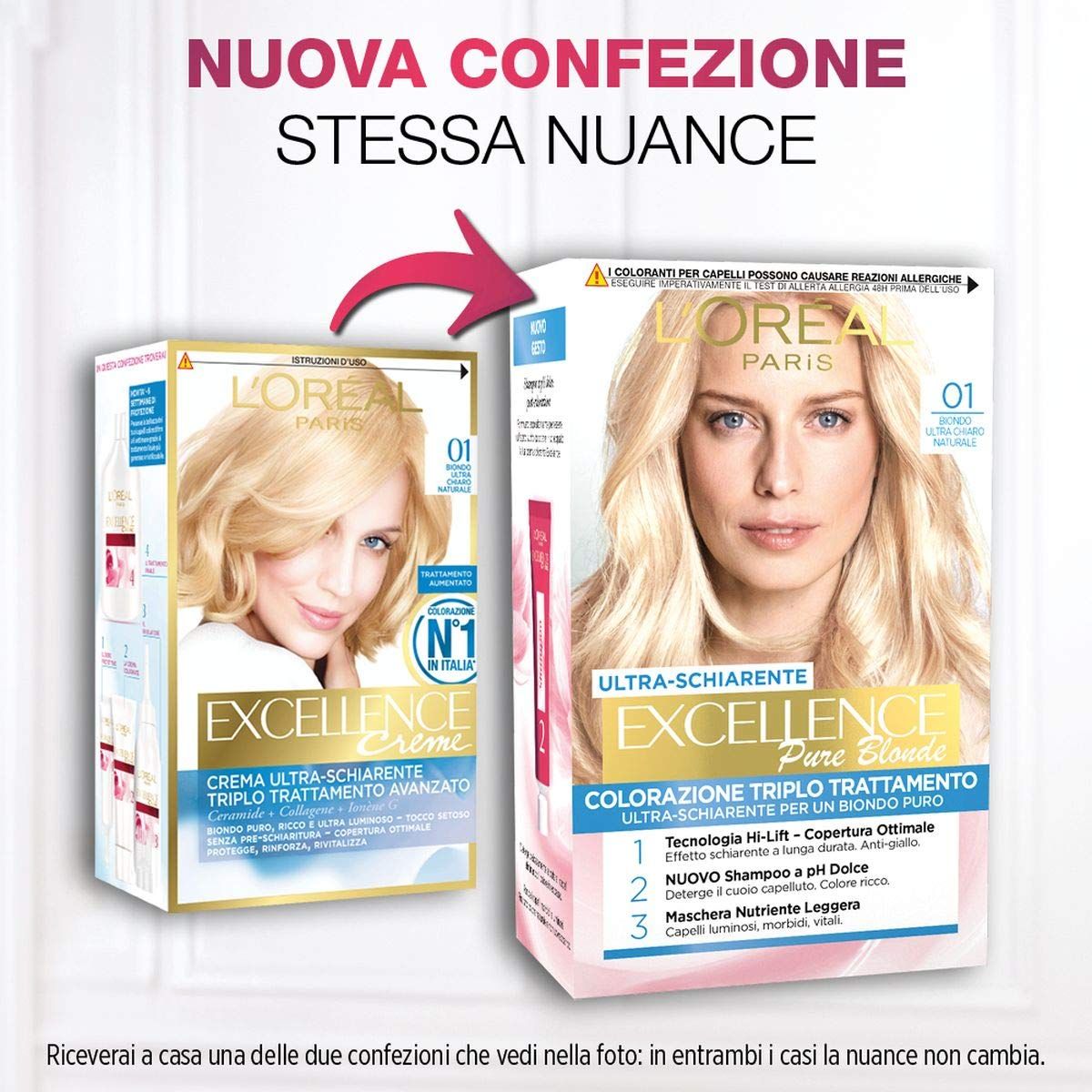 Due confezioni di colorazione per capelli L'Oréal Paris Excellence Crème, tonalità 01 Ultra Chiaro Naturale. Nuovo packaging, stessa nuance.
