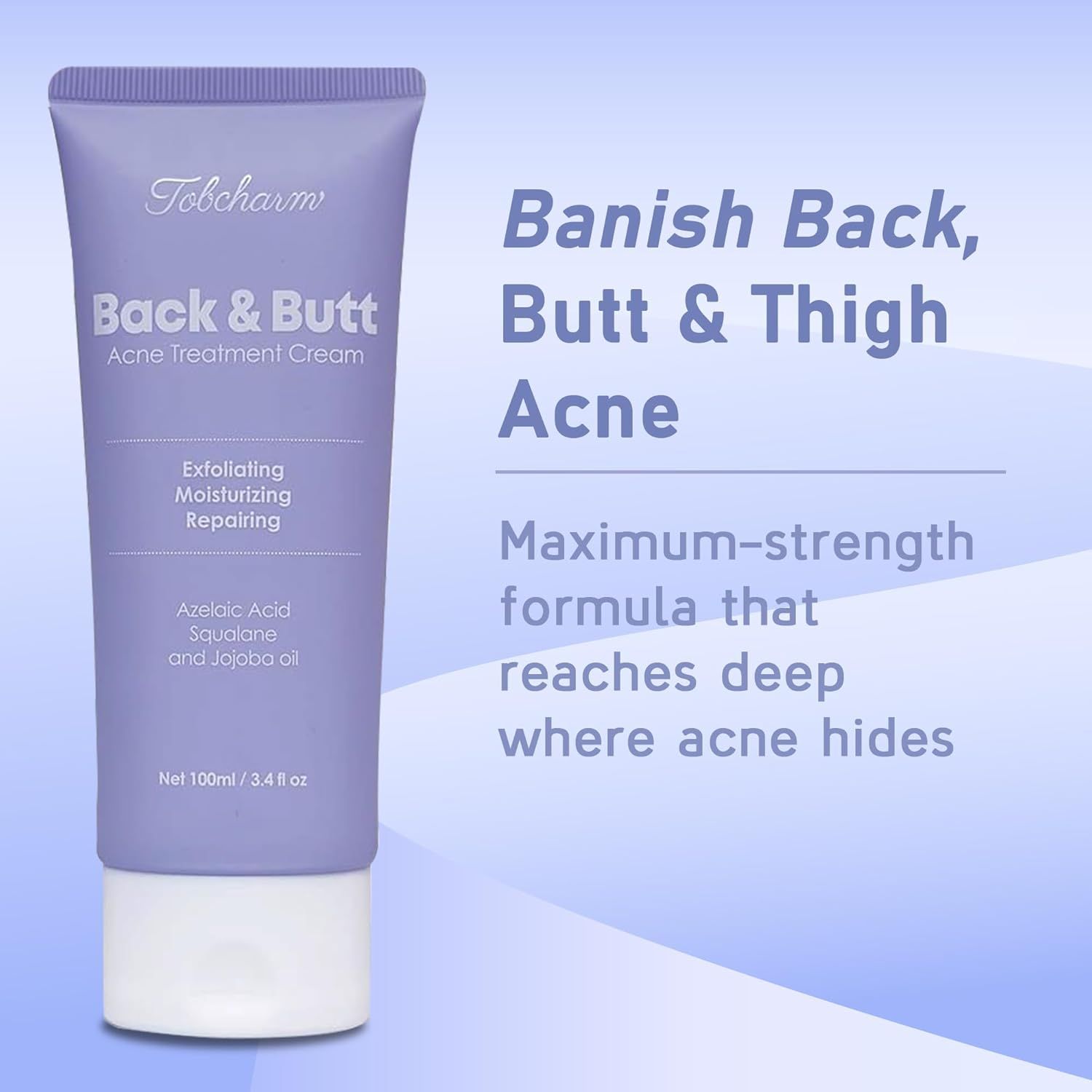 Tubo viola "Back & Butt Akne Creme". Testo: Banish Back, Butt & Thigh Acne. Formula.