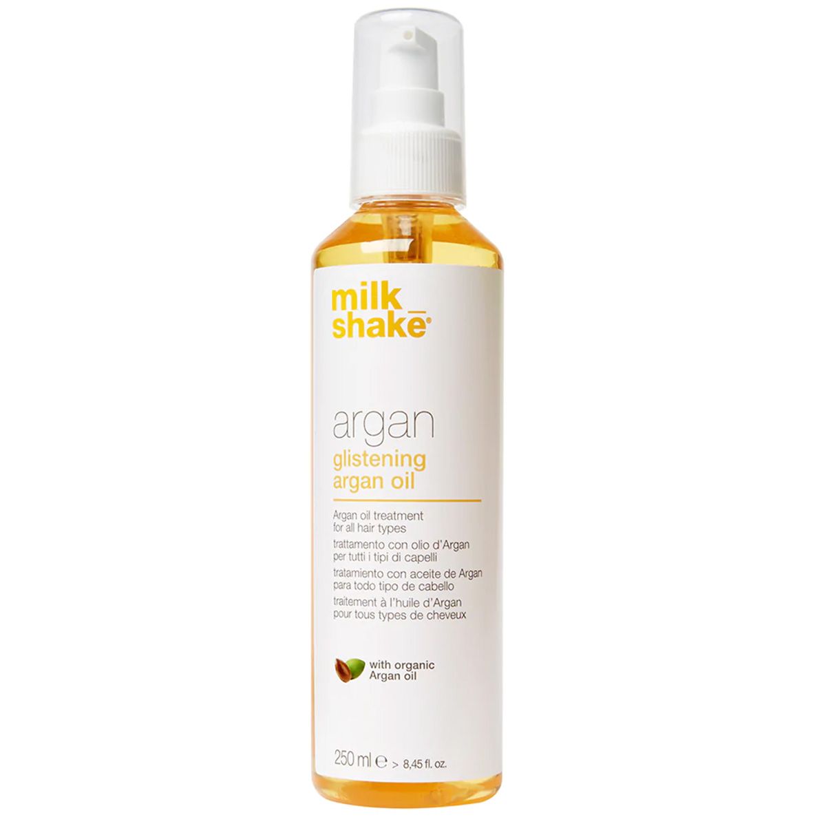 Flacone di olio per capelli, marca Milk Shake, Argan Glistening Argan Oil, 250ml.