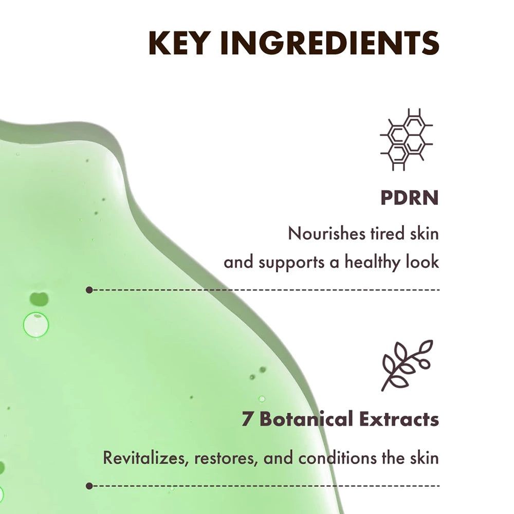 Liquido verde con testo: PDRN, 7 Estratti botanici. Testo: Rivitalizza, ripristina e condiziona la pelle.