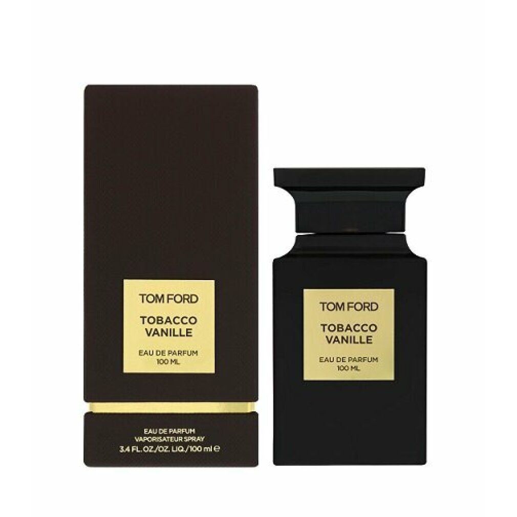 Flacone e confezione neri. Scritta: Tom Ford Tobacco Vanille Eau de Parfum. Etichette dorate. Tappo nero.