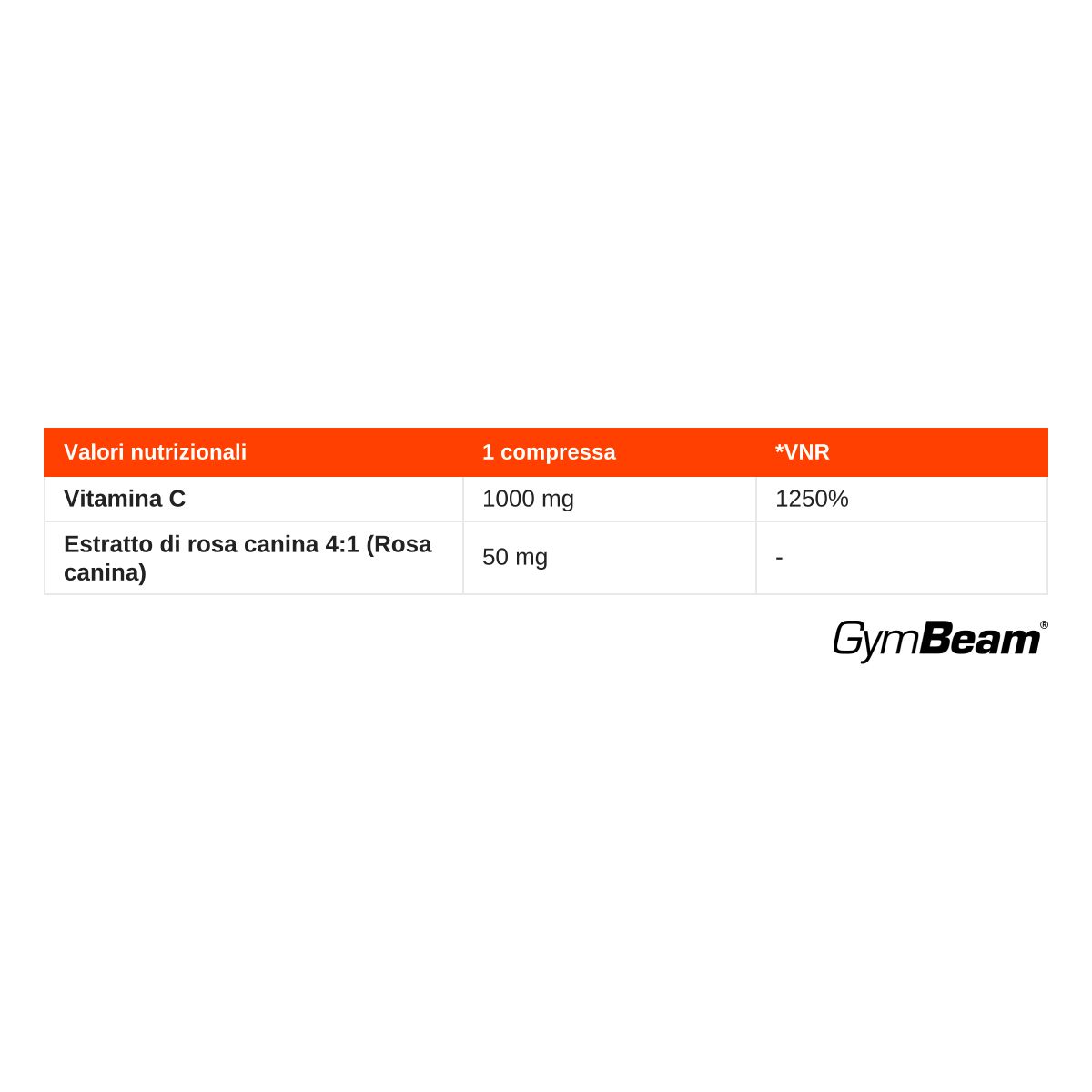 Tabella nutrizionale per GymBeam Vitamina C 1000 mg: 1000 mg di vitamina C, 50 mg di estratto di rosa canina per compressa.