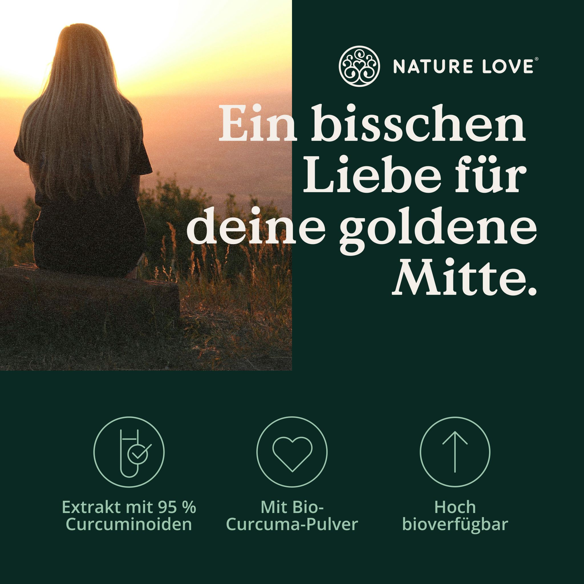 Donna guarda un tramonto. Testo: Un po' d'amore per il tuo centro dorato.