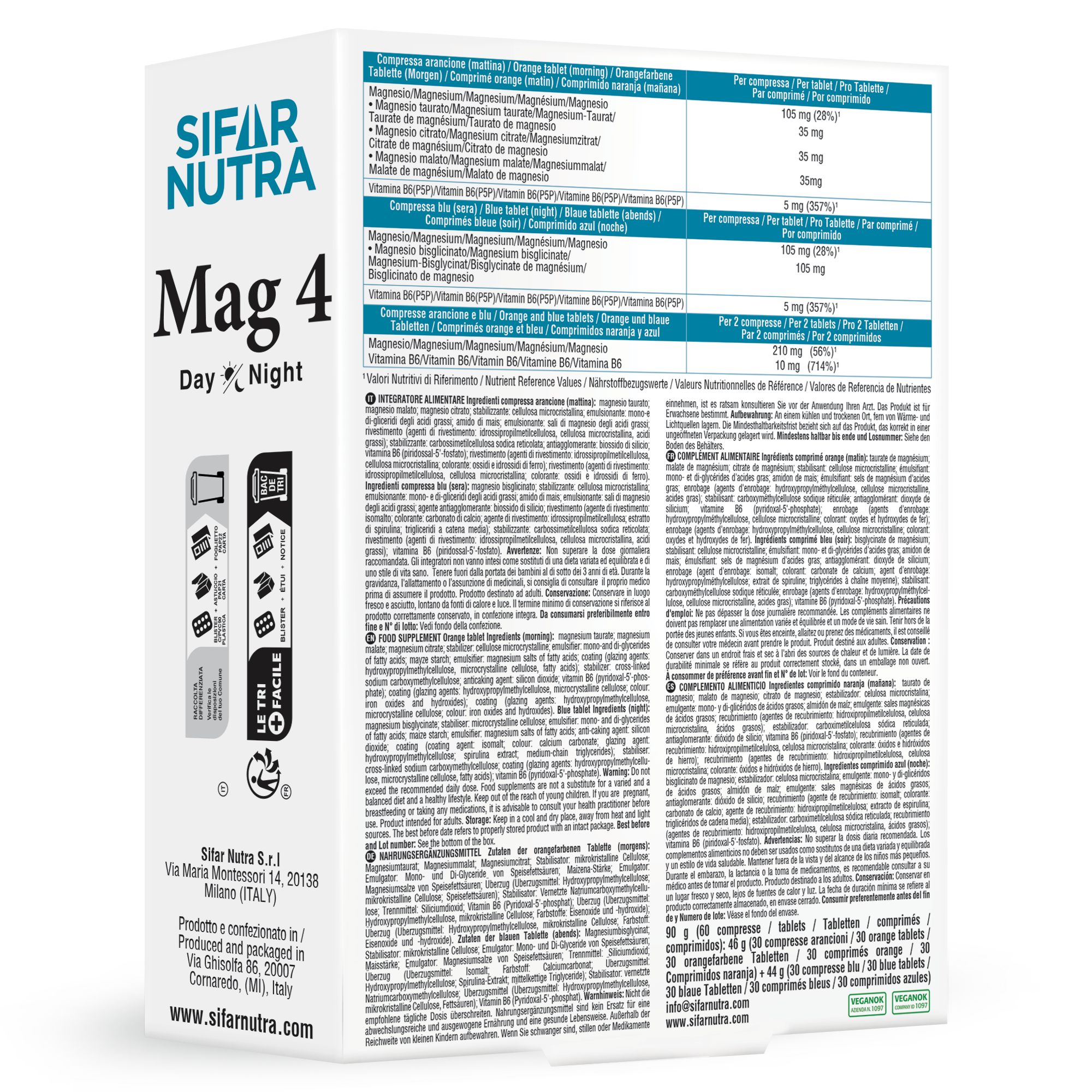 Confezione Sifar Nutra Mag 4. Retro con ingredienti e informazioni. Compresse.