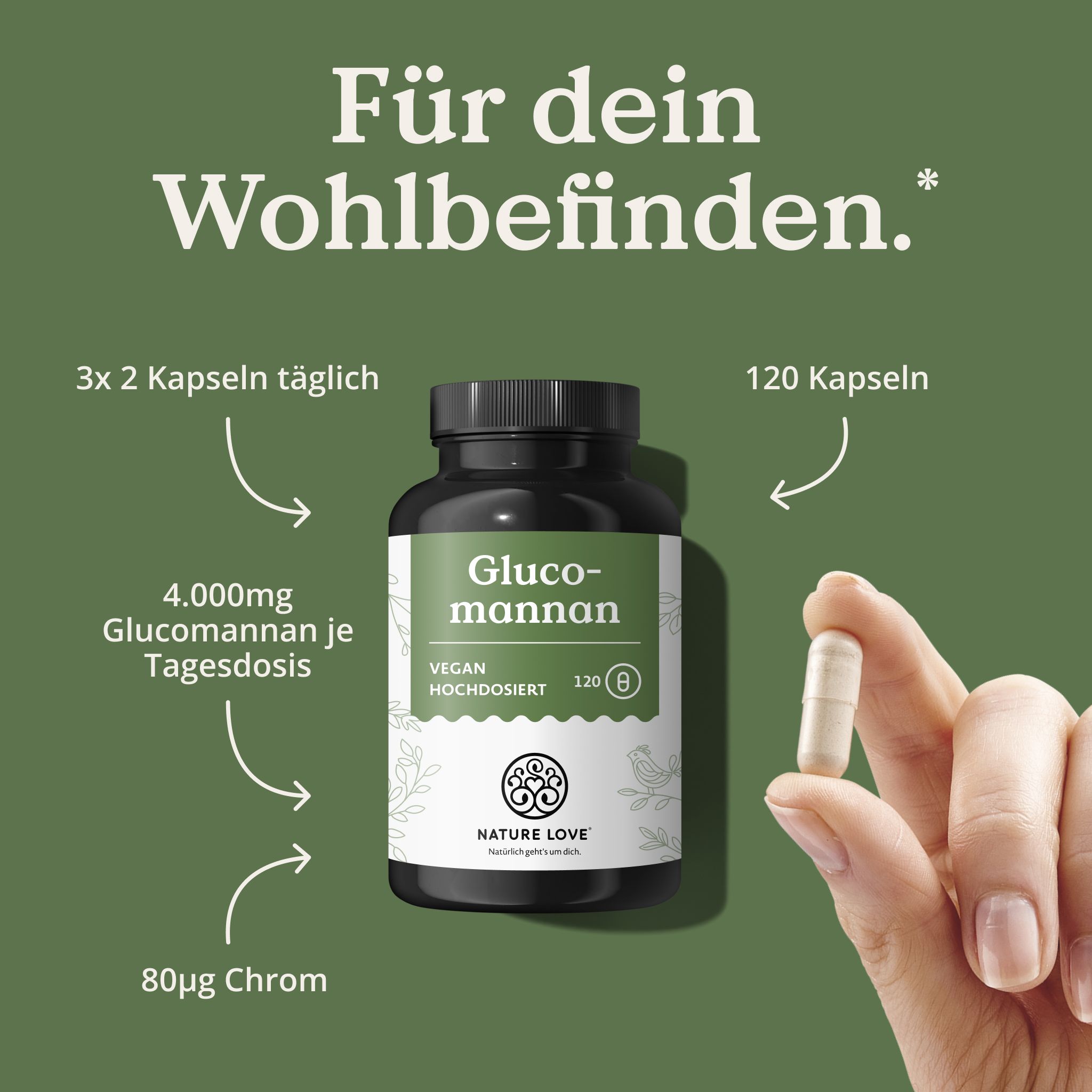 Flacone di capsule di glucomannano NATURE LOVE, accanto una mano che tiene una capsula.