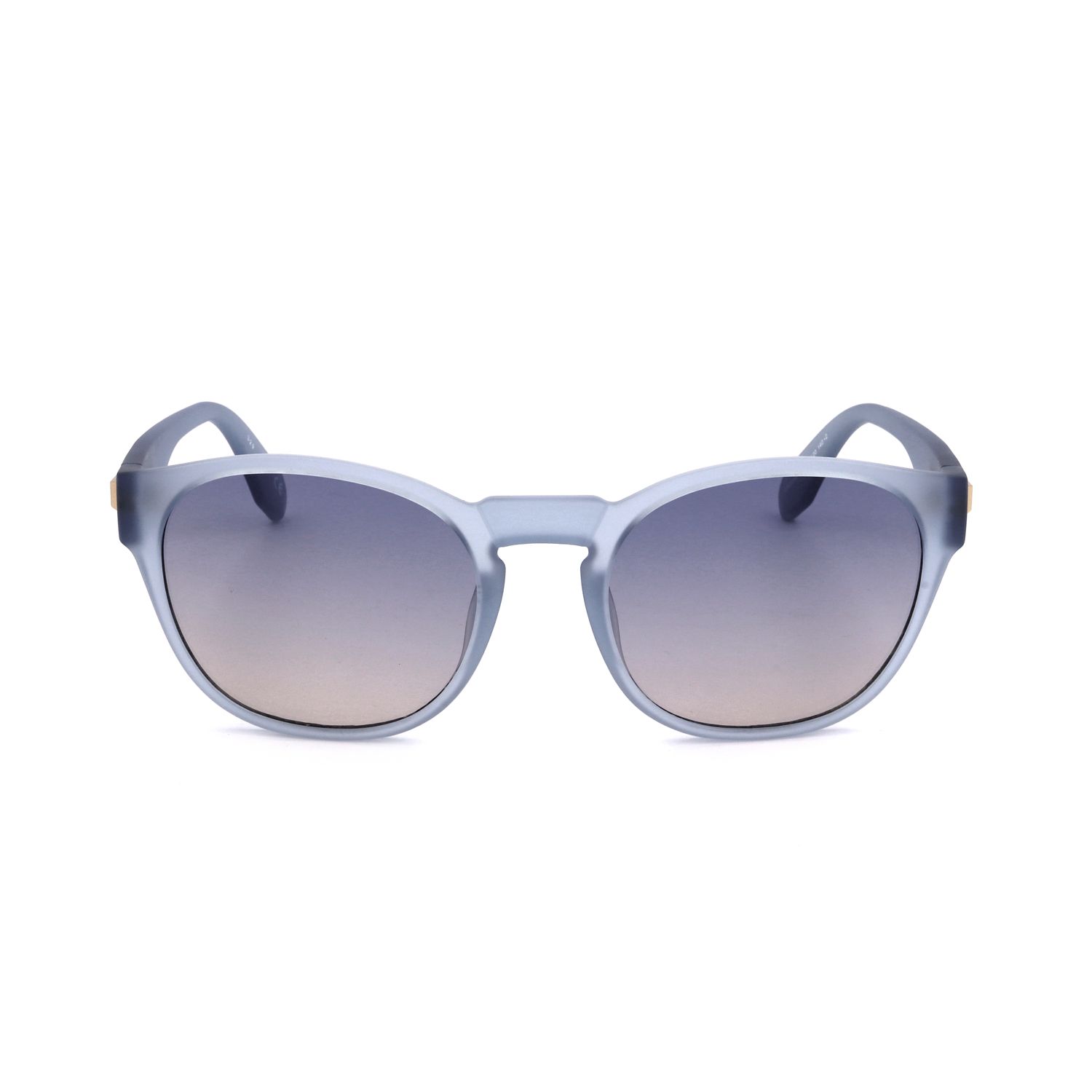 Occhiali da sole blu chiaro con lenti sfumate e montatura opaca.