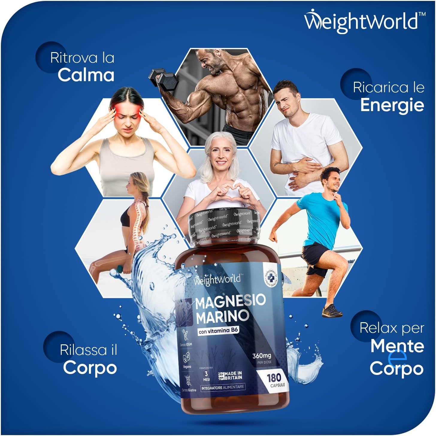 Flacone di Magnesium Marino. Immagini di persone che fanno sport, si rilassano e riducono lo stress.