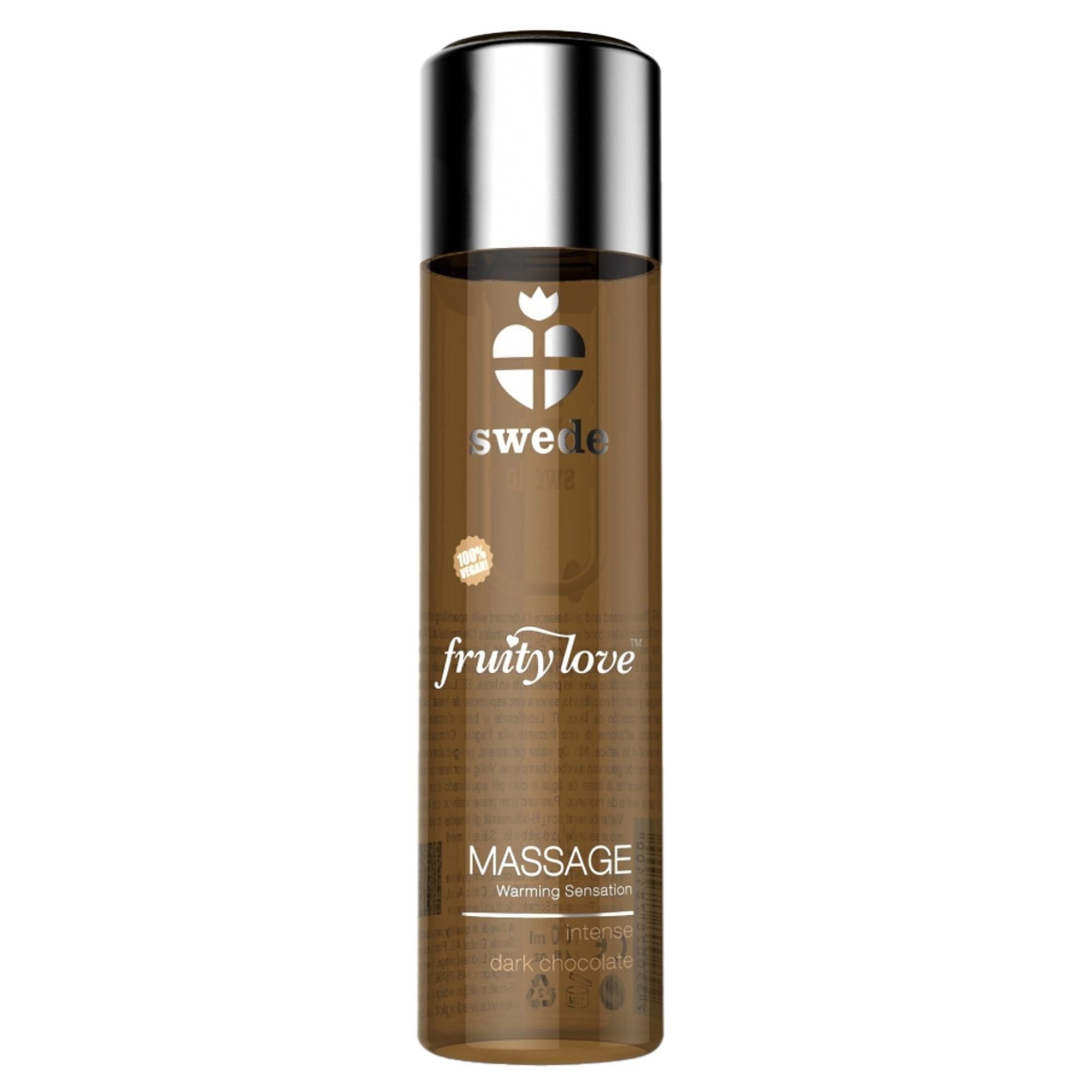 Flacone marrone con tappo argentato. Scritte: swede, fruity love, Massage, Warming sensation, dark chocolate.