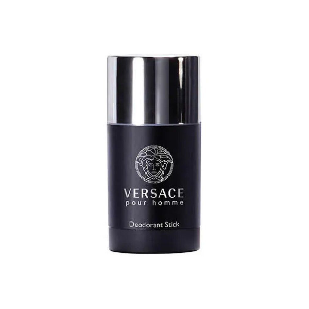 Stick deodorante nero con tappo argentato. Scritta: VERSACE pour homme, Deodorant Stick. Logo: testa di Medusa.