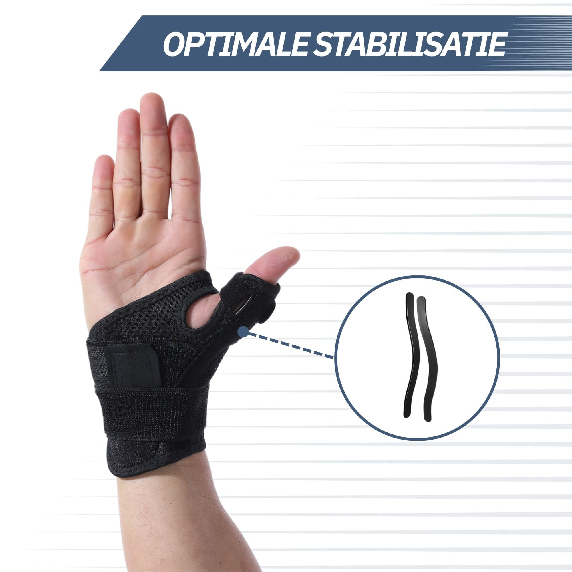 Viste dettagliate di un tutore nero per pollice e polso: velcro, cuciture, tessuto traspirante.