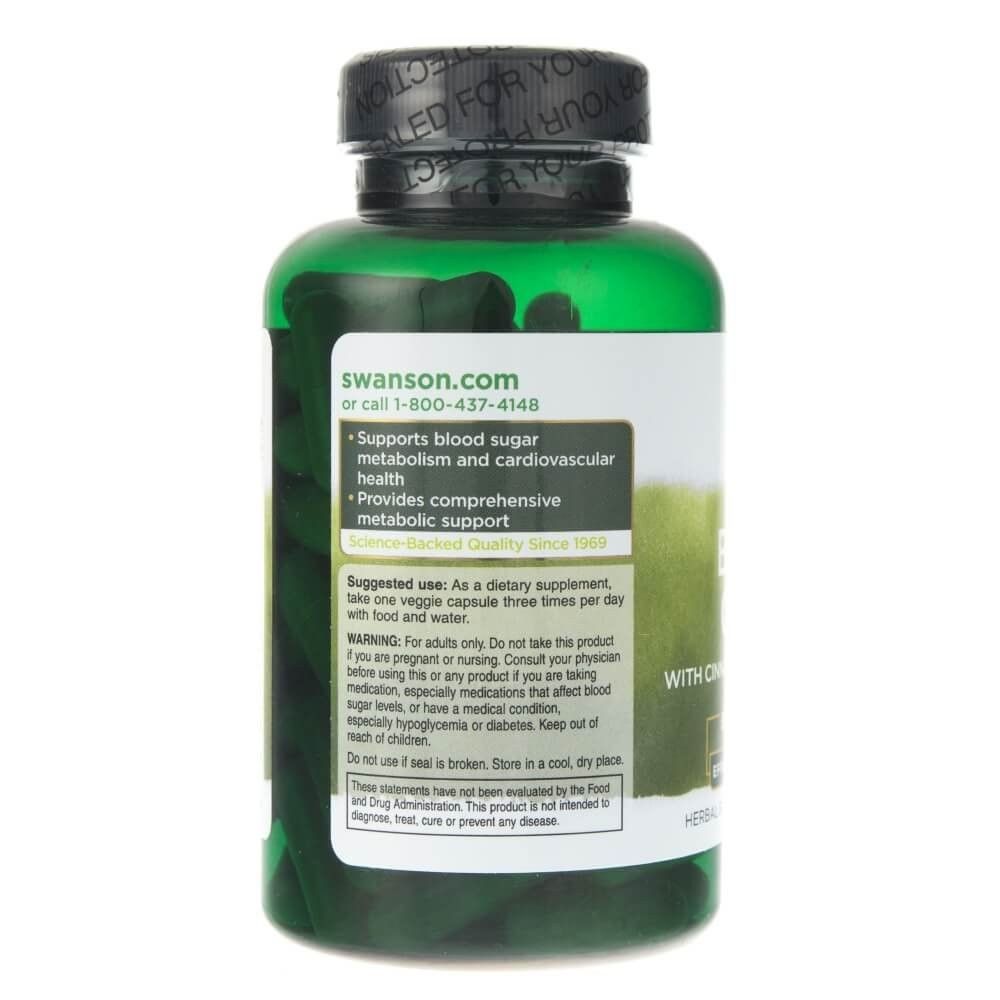 Retro di una capsula verde con Swanson.com e note sul supporto della glicemia.