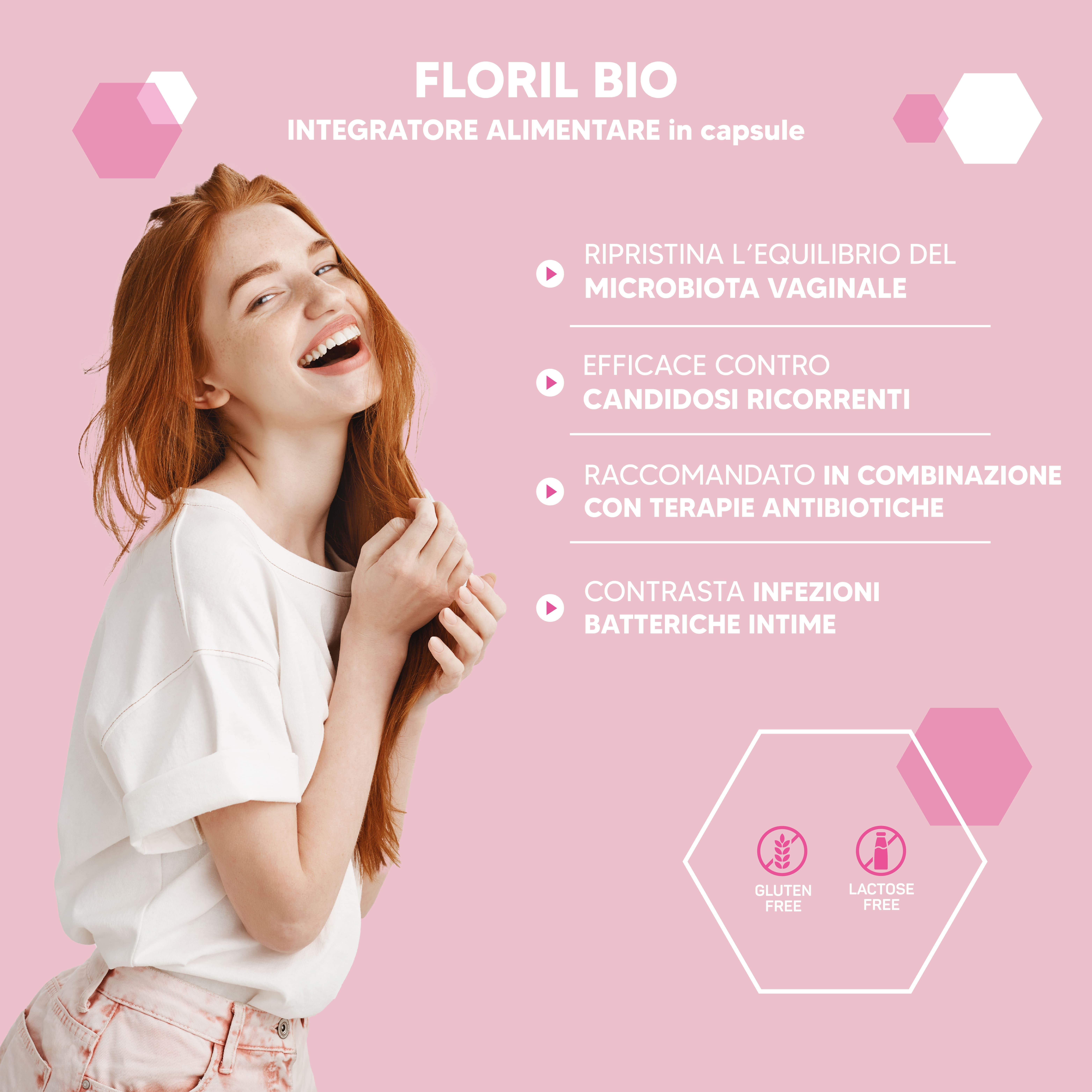 Testo su sfondo rosa. Senza glutine e senza lattosio. Descrive i benefici di Floril Bio per la salute vaginale.