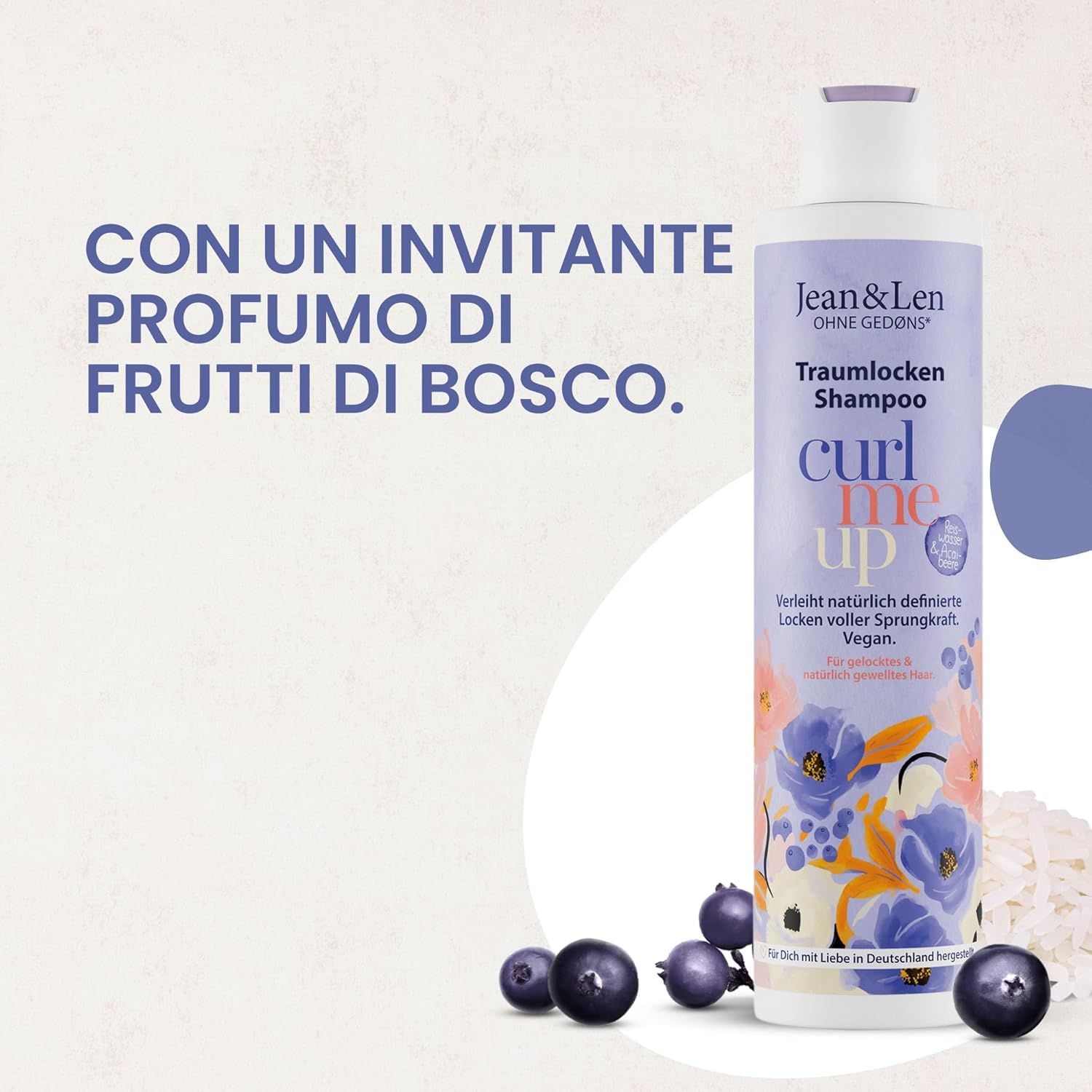 Flacone di shampoo. Testo: Con un invitante profumo di frutti di bosco. Accanto bacche e riso.