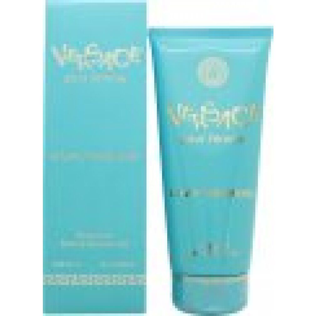 Tubo e scatola turchese. Scritta Versace pour femme Dylan Turquoise. "Perfumed Bath & Shower Gel".