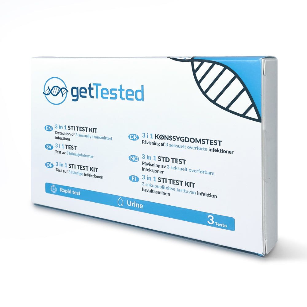 Scatola GetTested 3 in 1 STI Test. Accenti blu. Testo: 3 in 1 STI Test Kit, Rapid test, Urine, 3 Tests. Logo e simbolo DNA.