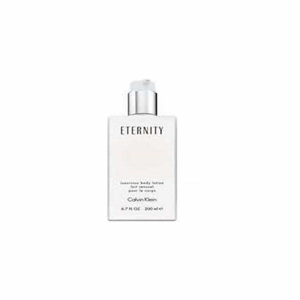 Flacone di lozione beige con dosatore. Scritta: ETERNITY, Calvin Klein. Testo: luxurious body lotion, lait sensuel pour le corps.