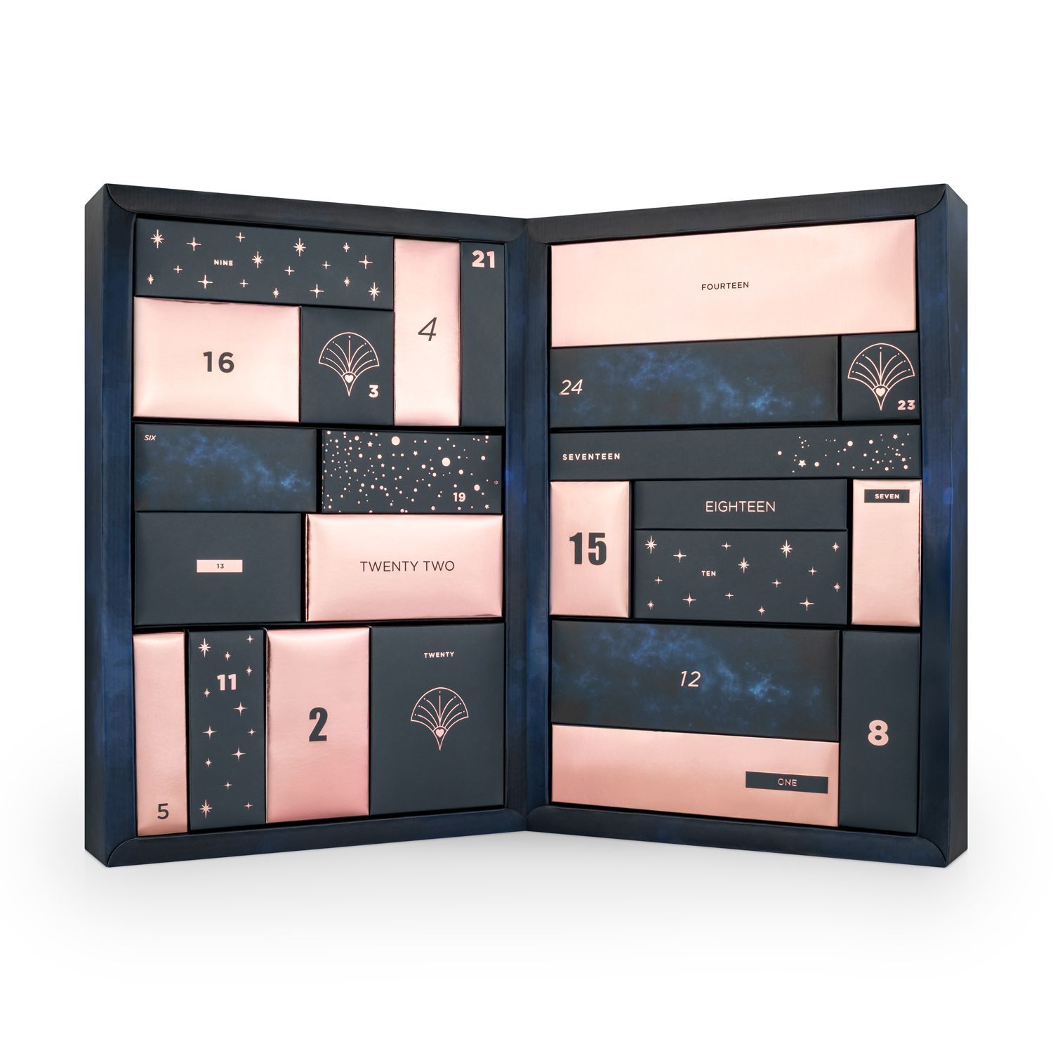 Calendario dell'Avvento aperto. Elementi blu e rosa. Numeri sulle porte.