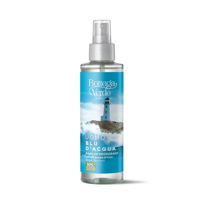 Flacone spray deodorante. Etichetta blu con motivo faro e testo. Testina spray argentata.