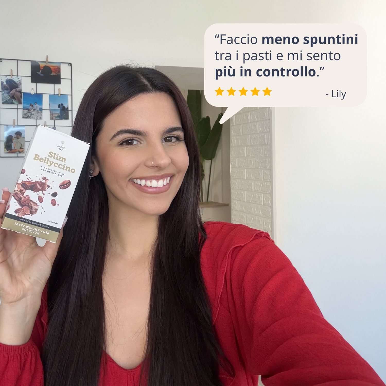 Donna con Golden Tree SlimBellyccino. Citazione: 'Mangio meno snack e mi sento meglio.'