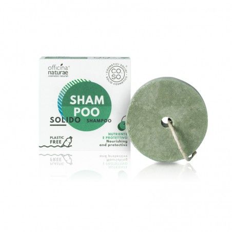 Shampoo solido rotondo verde con foro e cordino. Accanto, confezione bianca con testo: Shampoo Solido, Officina Naturae.