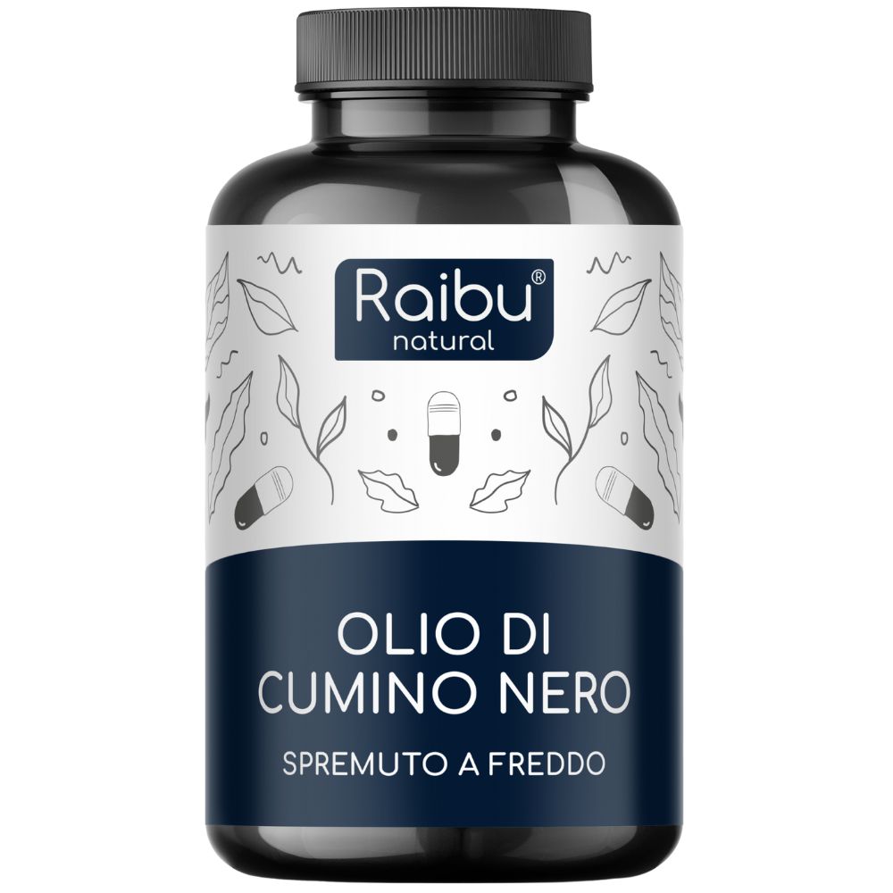 Flacone nero con capsule. Scritta: Raibu natural, Olio di Cumino Nero, spremuto a freddo.
