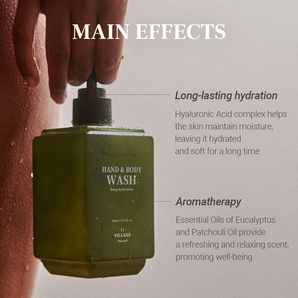 Flacone verde di lavaggio mani e corpo con dispenser nero. Testo: Hand & Body Wash. Effetti principali: idratazione duratura, aromaterapia.