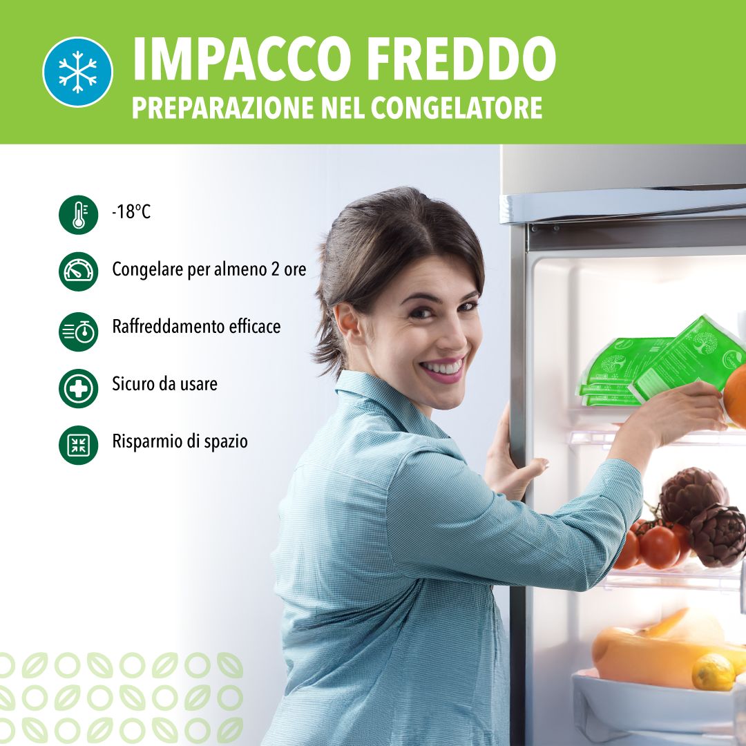 Donna mette le compresse in frigorifero. Testo: -18°C, congelare 2h min., salvaspazio.