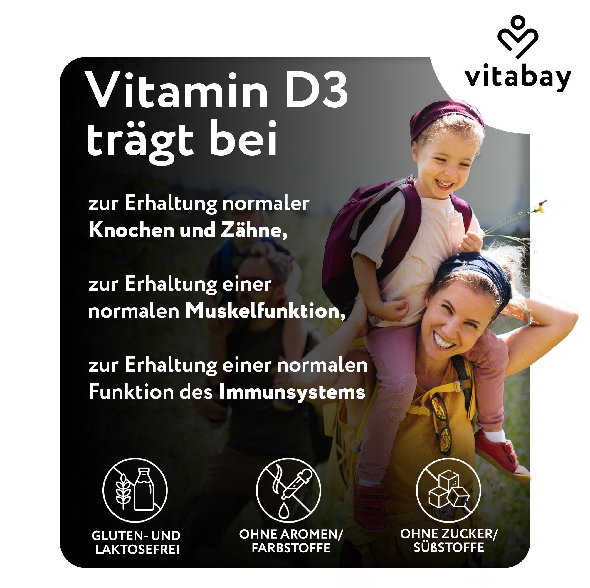 Logo Vitabay. Testo: La vitamina D3 contribuisce a... Senza glutine e lattosio. Senza aromi/coloranti. Senza zucchero/dolcificanti. Madre e figlio.