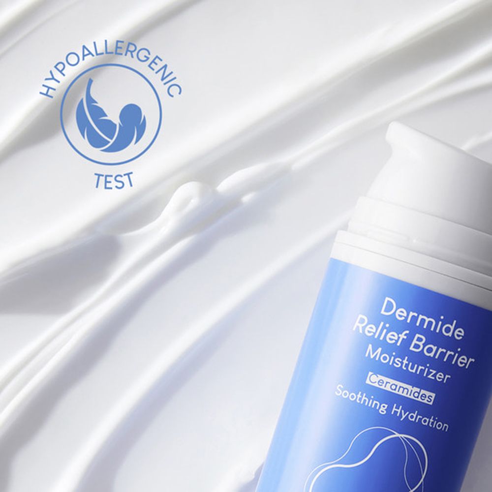 Dispenser blu su sfondo bianco. Scritta: Dermide Relief Barrier Moisturizer, Ceramide, Soothing Hydration. Logo Test Ipoallergenico.