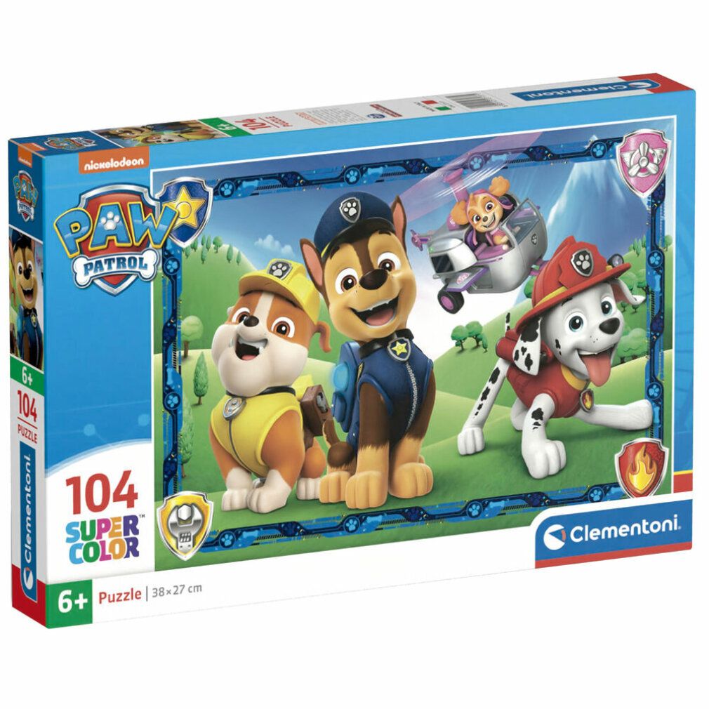 Scatola puzzle Clementoni. Tema Paw Patrol, 104 pezzi. La confezione mostra il puzzle completo con i personaggi.