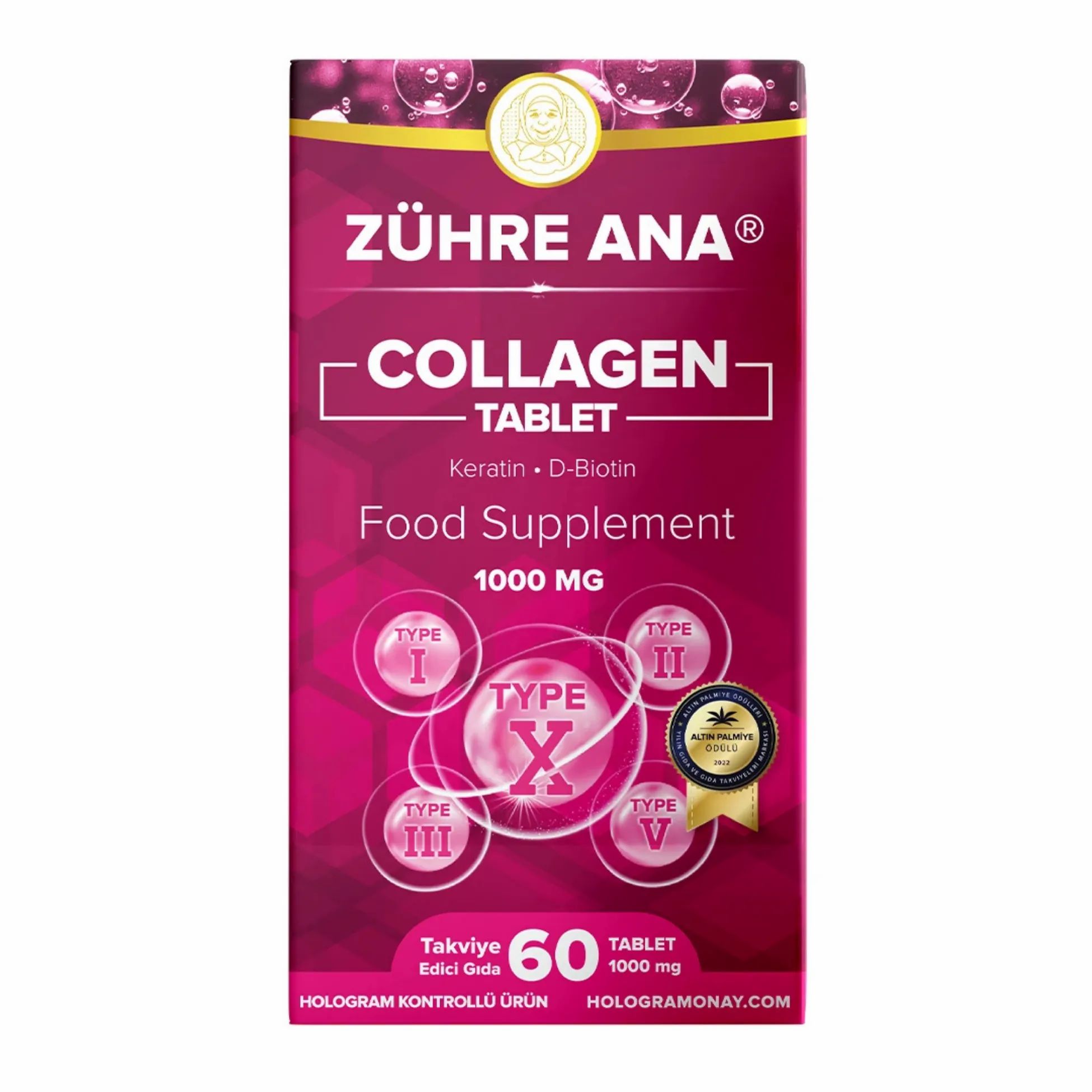 Compresse di collagene Zühre Ana: confezione in cartone da 60 compresse, 1000 mg.