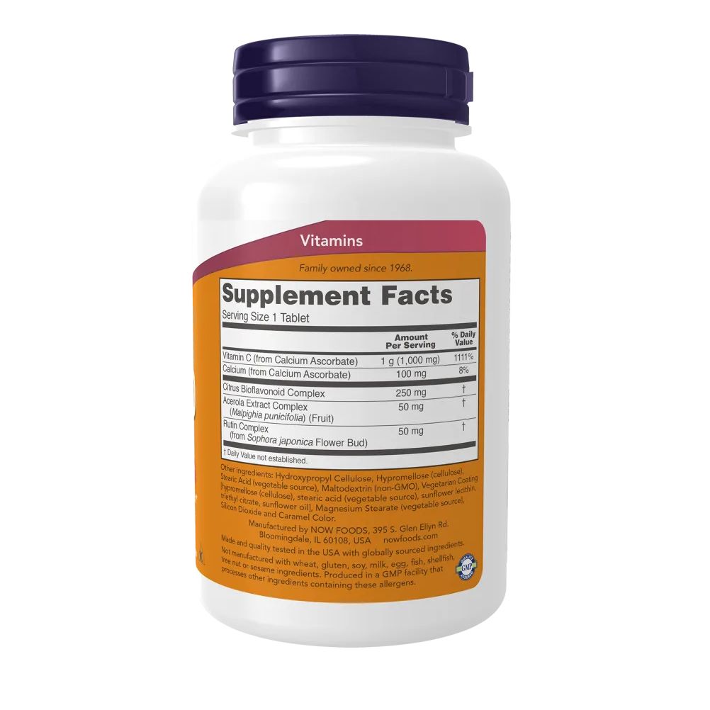 Retro del flacone bianco. Etichetta con testo: "Supplement Facts". Contiene vitamina C, calcio, Citrus Bioflavonoid Complex, ecc.