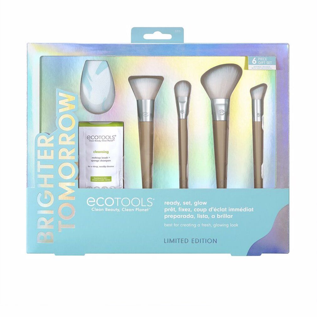 Set regalo con pennelli, spugna e prodotto detergente. Confezione con nome del prodotto e scritta "Brighter Tomorrow".