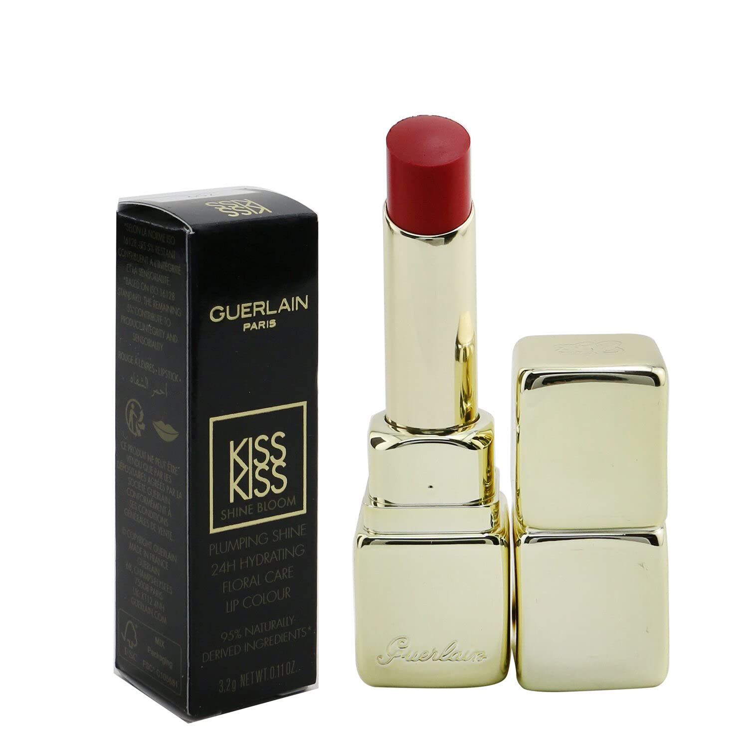 Rossetto Guerlain Kiss Kiss Shine Bloom 709 Petal red. Scatola nera e rossetto dorato. Rossetto aperto, punta rossa visibile.