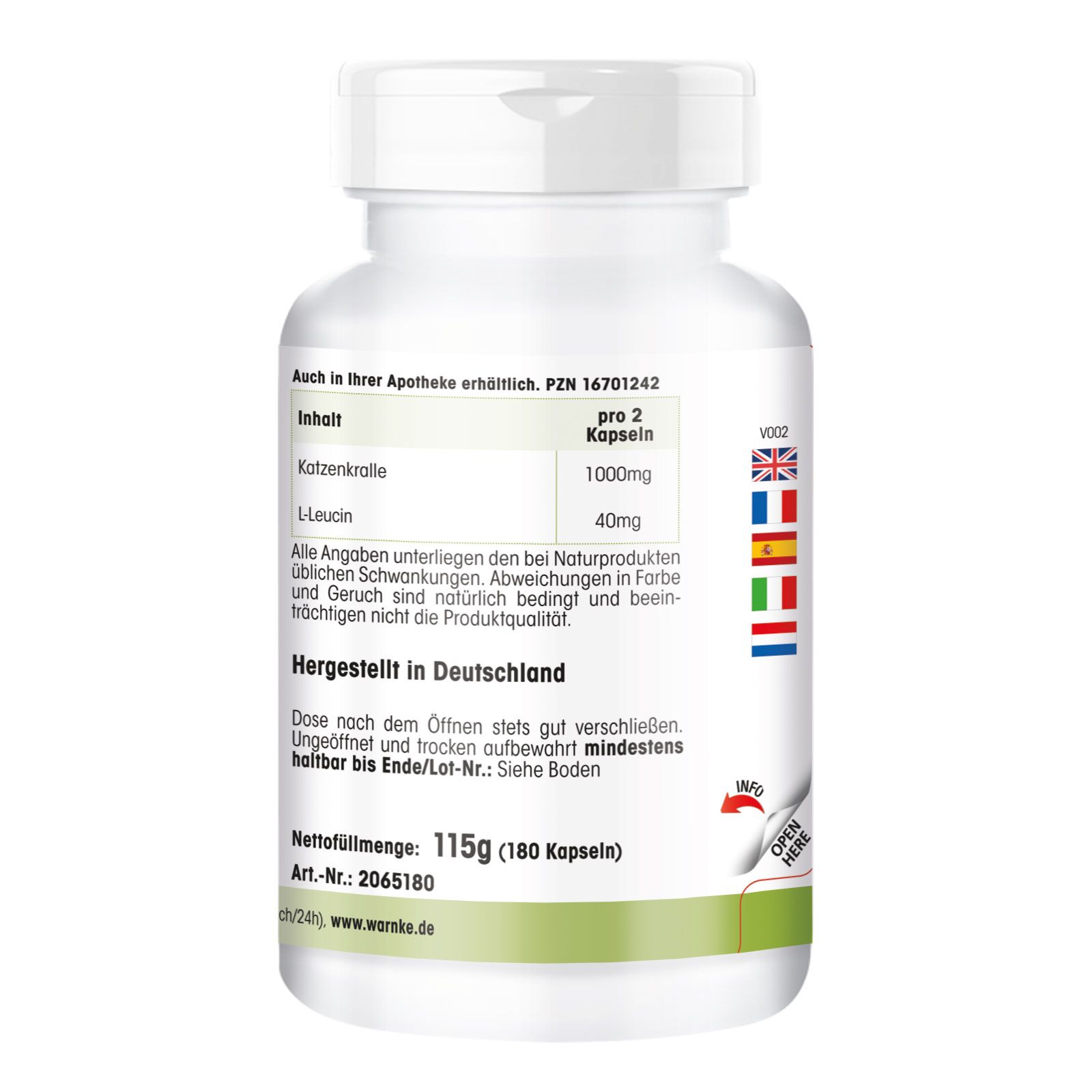 Retro del flacone di capsule. Testo con informazioni per capsula. 'Prodotto in Germania'. Peso netto 115g.