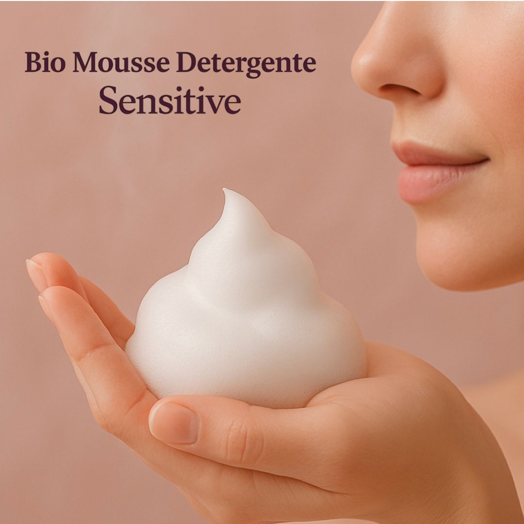 Schiuma bianca in una mano. Testo: Bio Mousse Detergente Sensitive. Pelle di donna sullo sfondo.