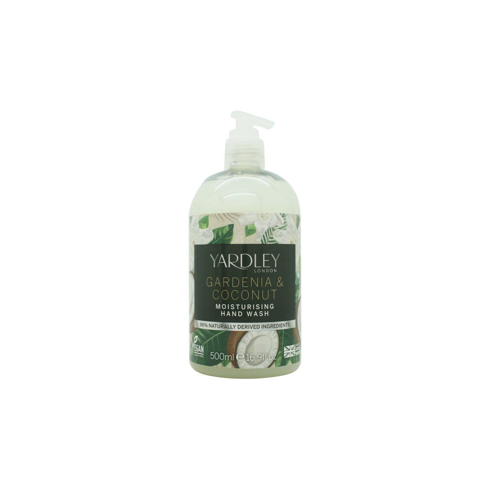 Sapone per le mani con dispenser. Etichetta nera con testo: GARDENIA & COCONUT. Illustrazioni di cocco e foglie. Yardley London. Vegan.