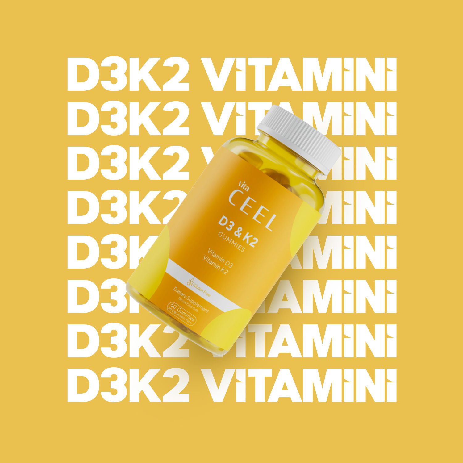 Flacone VITA CEEL D3 & K2 Gummies su sfondo giallo con testo ripetuto.
