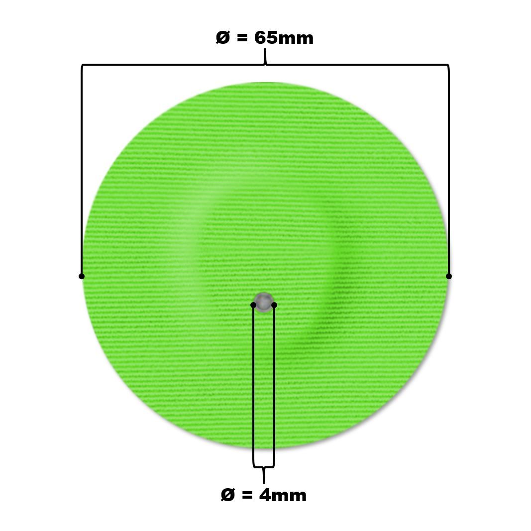 Cerotto rotondo verde con foro e dimensioni: diametro 65mm, foro 4mm. Cerotto adesivo per dispositivi medici.