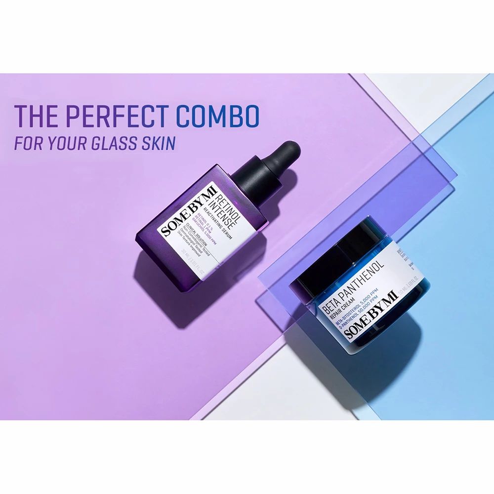 Due prodotti: siero al retinolo e crema. Scritta: SOMEBYMI. Testo: The Perfect Combo for your Glass Skin.