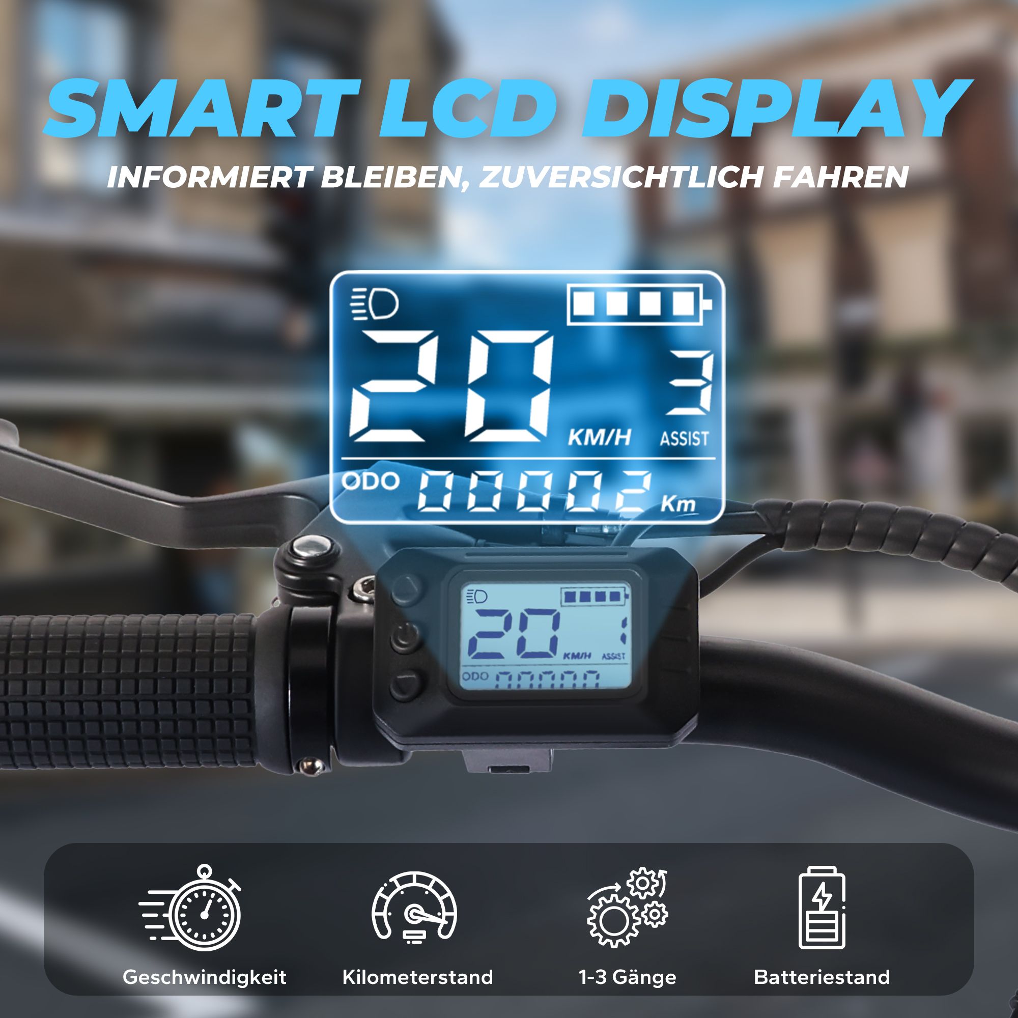 Display e-bike con velocità, chilometraggio, marce e livello batteria. 20 km/h.