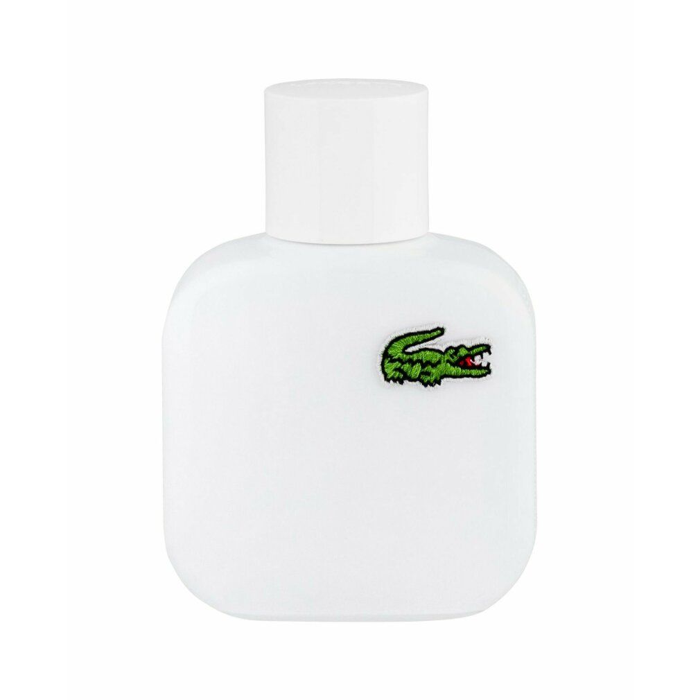 Flacone bianco con tappo bianco e logo coccodrillo Lacoste. Forma quadrata con angoli arrotondati.