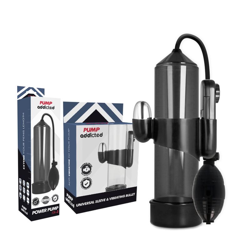 Pompa per pene con tubo, pompa manuale e accessori. Cilindro trasparente, manico, tubo e confezione neri.